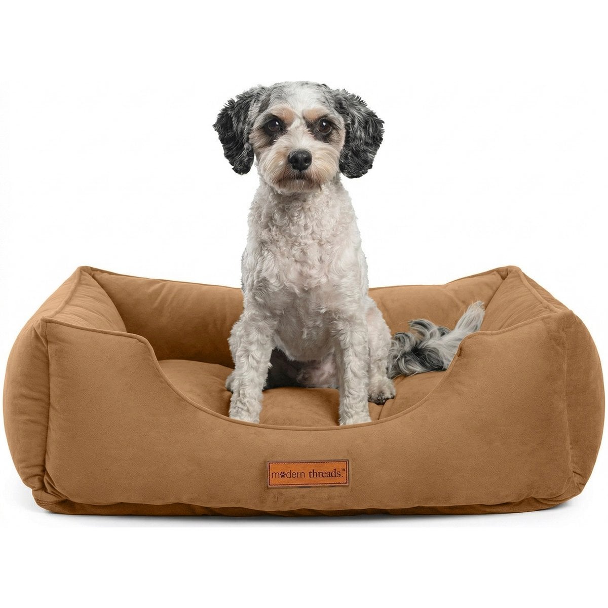 MODERN THREADS Luxury Tufted Velvet Cuddler Dog & Cat Bed with Removable Cover, Caramel, Medium