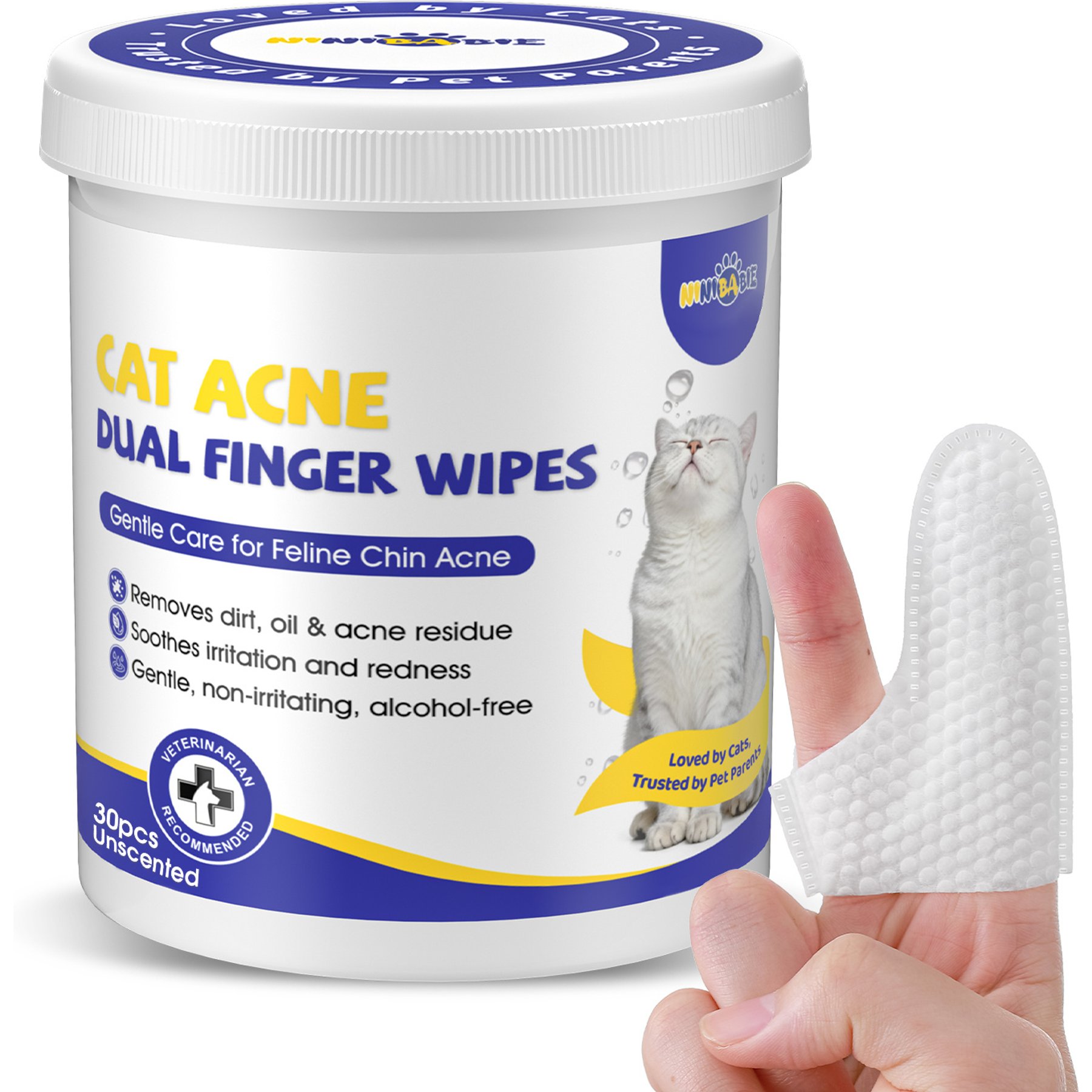 Ninibabie Acne Chin Treatment Dual-Finger Unscented Cat Wipes, 30 count