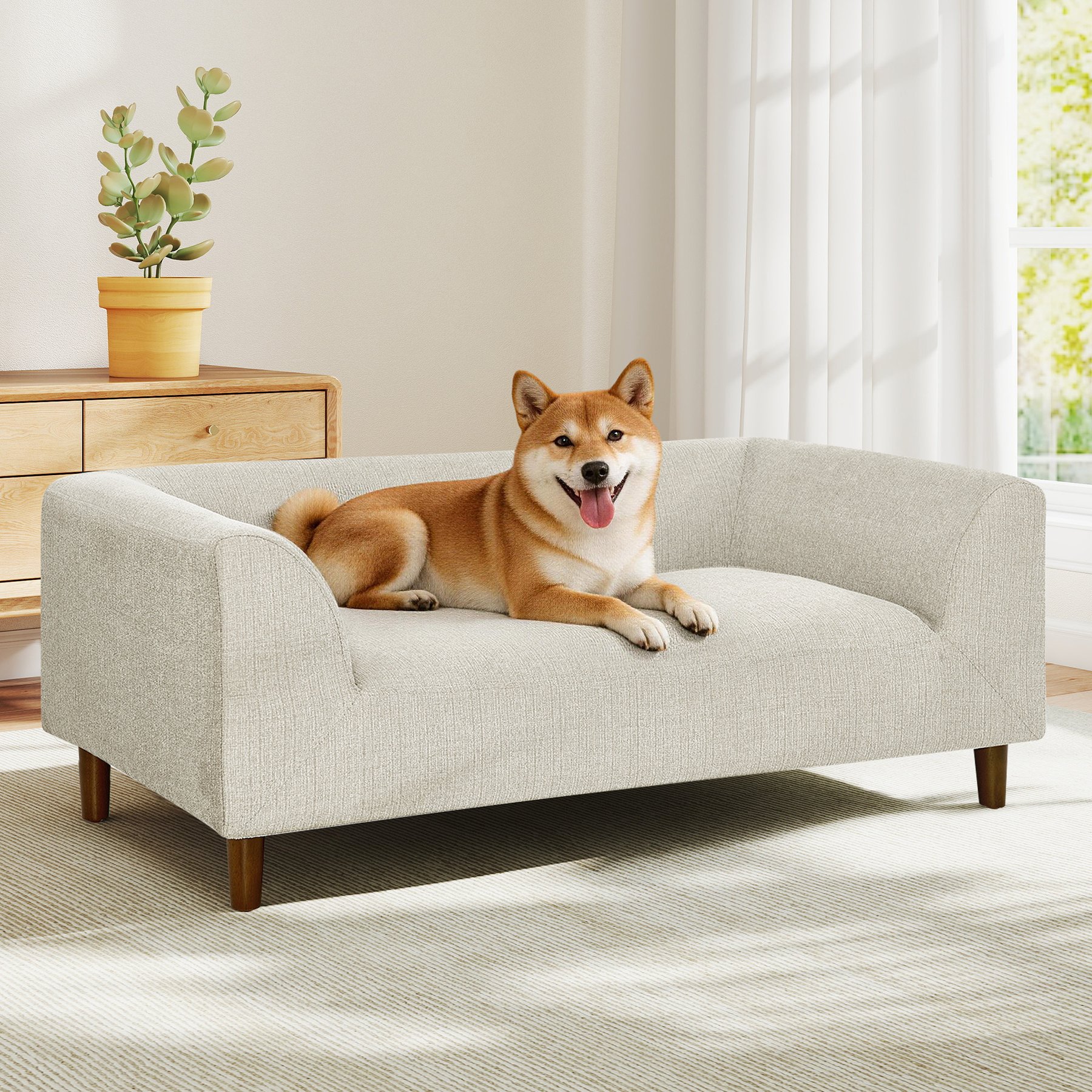 Yafylly Modern Linen Couch Sofa Bed with Backrest & Armrests for Medium & Large Dogs, Medium: 39.5 x 23 x 14-in, Beige
