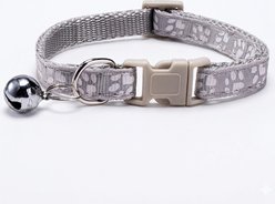 NonoPets Reflective Paw Print Cat Collar with Safety Breakaway Buckle & Bell, 12.6-in neck, 1/2-in wide, Grey
