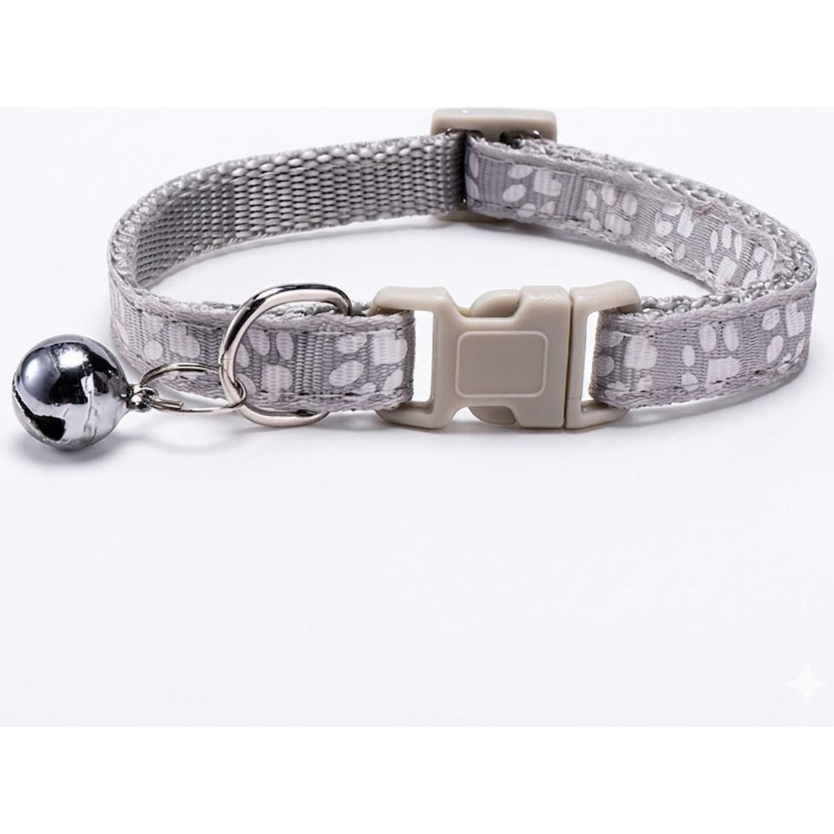 NonoPets Reflective Paw Print Cat Collar with Buckle & Bell, 12.6-in neck, 1/2-in wide, Grey