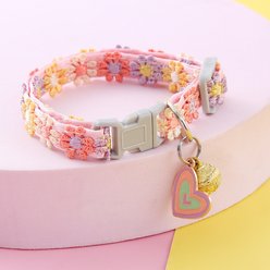 NonoPets Embroidered Floral Heart Dog & Cat Collar with Safety Buckle & Bell, 11.8-in neck, 1/2-in wide