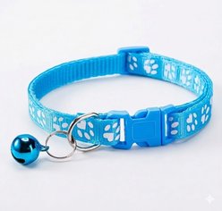 NonoPets Reflective Paw Print Cat Collar with Safety Breakaway Buckle & Bell, 12.6-in neck, 1/2-in wide, Light Blue