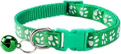 NonoPets Reflective Paw Print Cat Collar with Safety Breakaway Buckle & Bell, 12.6-in neck, 1/2-in wide, Green