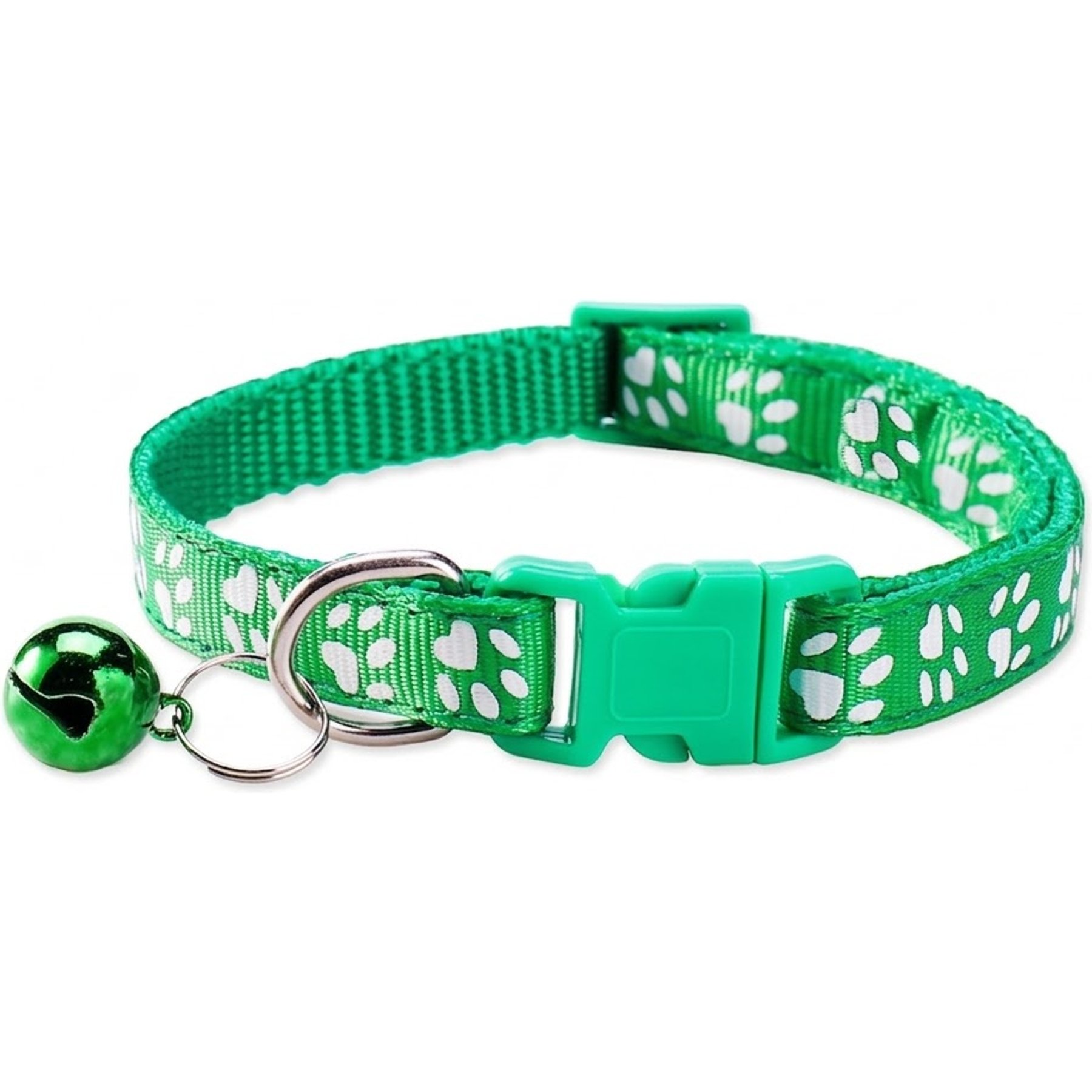 NonoPets Reflective Paw Print Cat Collar with Safety Breakaway Buckle & Bell, 12.6-in neck, 1/2-in wide, Green