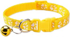 NonoPets Reflective Paw Print Cat Collar with Safety Breakaway Buckle & Bell, 12.6-in neck, 1/2-in wide, Yellow