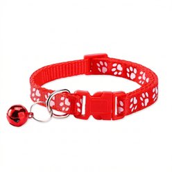 NonoPets Reflective Paw Print Cat Collar with Safety Breakaway Buckle & Bell, 12.6-in neck, 1/2-in wide, Red
