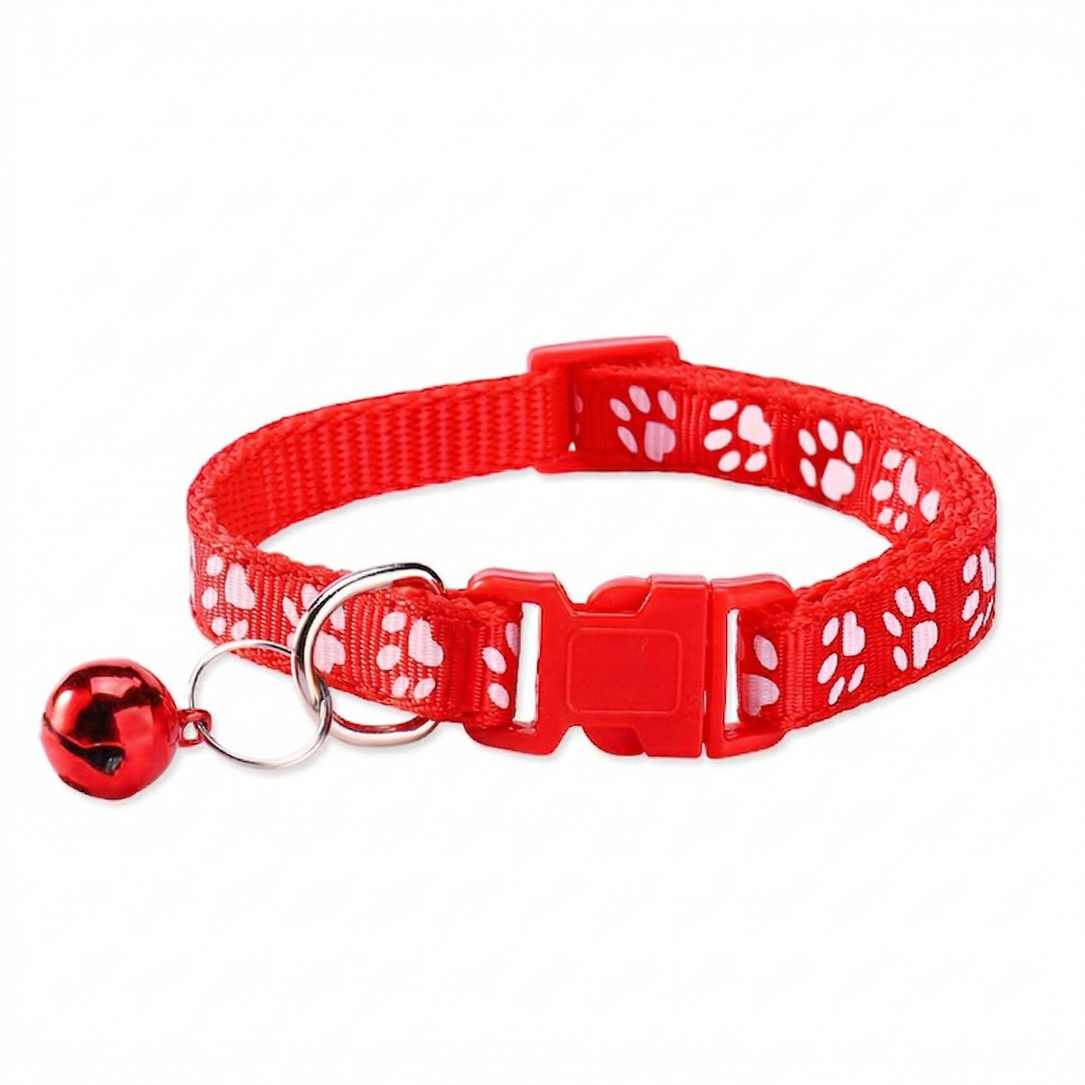 NonoPets Reflective Paw Print Cat Collar with Buckle & Bell, 12.6-in neck, 1/2-in wide, Red