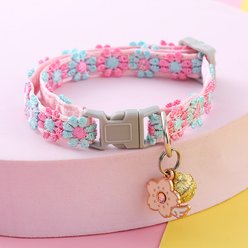 NonoPets Embroidered Floral Dog & Cat Collar with Safety Buckle & Bell, 11.8-in neck, 1/2-in wide