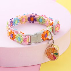 NonoPets Embroidered Floral Orange Dog & Cat Collar with Safety Buckle & Bell, 11.8-in neck, 1/2-in wide