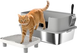 PawHut Stainless Steel Metal High Sides Pan Cat Litter Box with Scoop, Gray, X-Large: 23.7 x 15.8 x 11.6-in