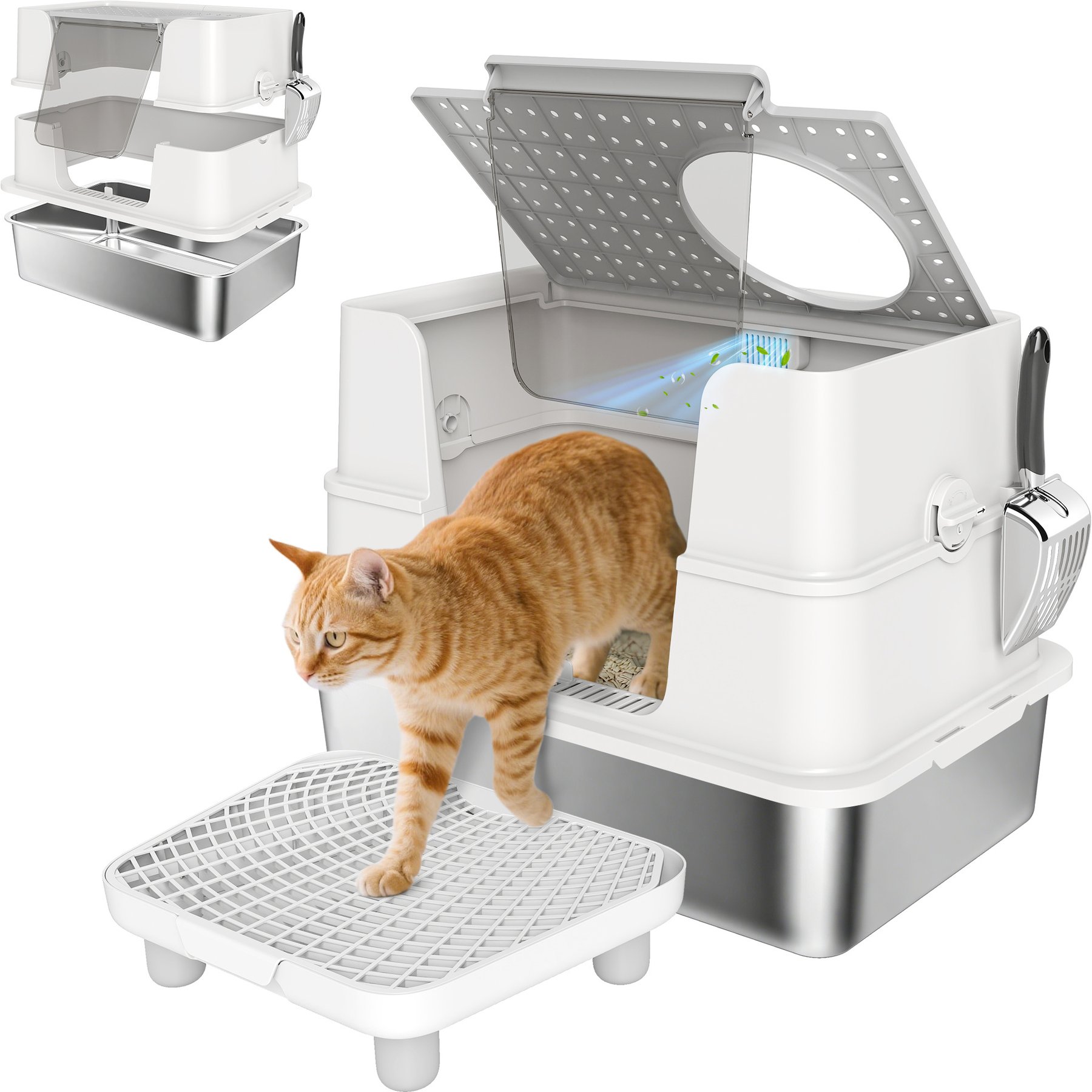 PawHut Top & Side Entry Enclosed Stainless Steel Pan Cat Litter Box with Lid & Scoop, X-Large: 23.7 x 15.8 x 17.5-in