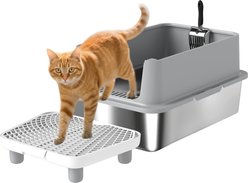 PawHut Stainless Steel High Sided Anti-Urine Leakage with Scoop & Pad Pan Cat Litter Box, X-Large: 23.7 x 15.8 x 11.7-in