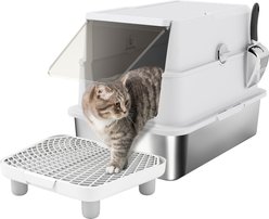 PawHut Stainless Steel Metal High-Sided Enclosure Pan Cat Litter Box with Lid & Scoop, 23.7 x 15.8 x 17-in