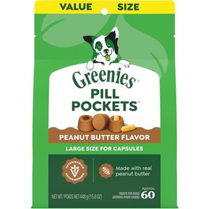 Greenies Pill Pockets Canine Real Peanut Butter Flavor Natural Dog Treats, Capsule Size, 60 count