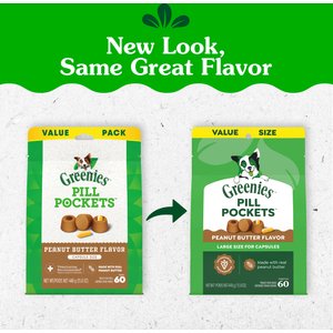 Greenies Pill Pockets Canine Real Peanut Butter Flavor Natural Dog Treats, Capsule Size, 60 count