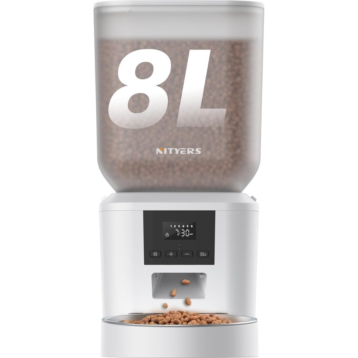 Nityers Timed Food Dispenser Battery Operated LCD Screen Automatic Plastic Cat Feeder, White, 8-L