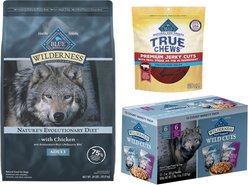 Blue Buffalo Wilderness Chicken Recipe High-Protein Adult Dry Food, 24-lb bag + Wilderness Trail Toppers Wild Cuts Chicken & Beef Flavors Variety Pack Wet Food, 3-oz pouch, case of 12 + True Chews Premium Jerky Cuts Natural Steak Dog Treats, 30-oz bag