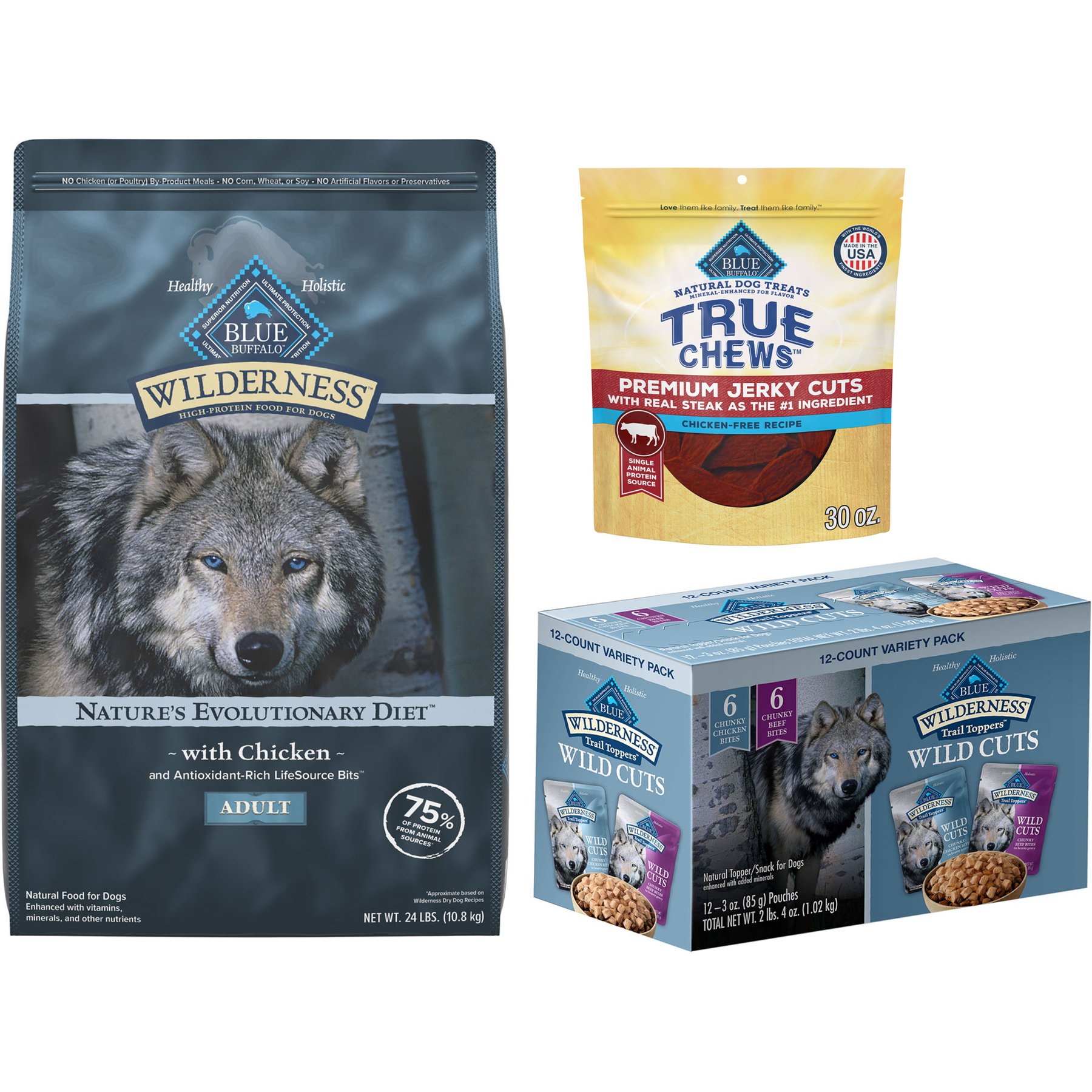 Blue Buffalo Wilderness Chicken Recipe High-Protein Adult Dry Food, 24-lb bag + Wilderness Trail Toppers Wild Cuts Chicken & Beef Flavors Variety Pack Wet Food, 3-oz pouch, case of 12 + True Chews Premium Jerky Cuts Natural Steak Dog Treats, 30-oz bag