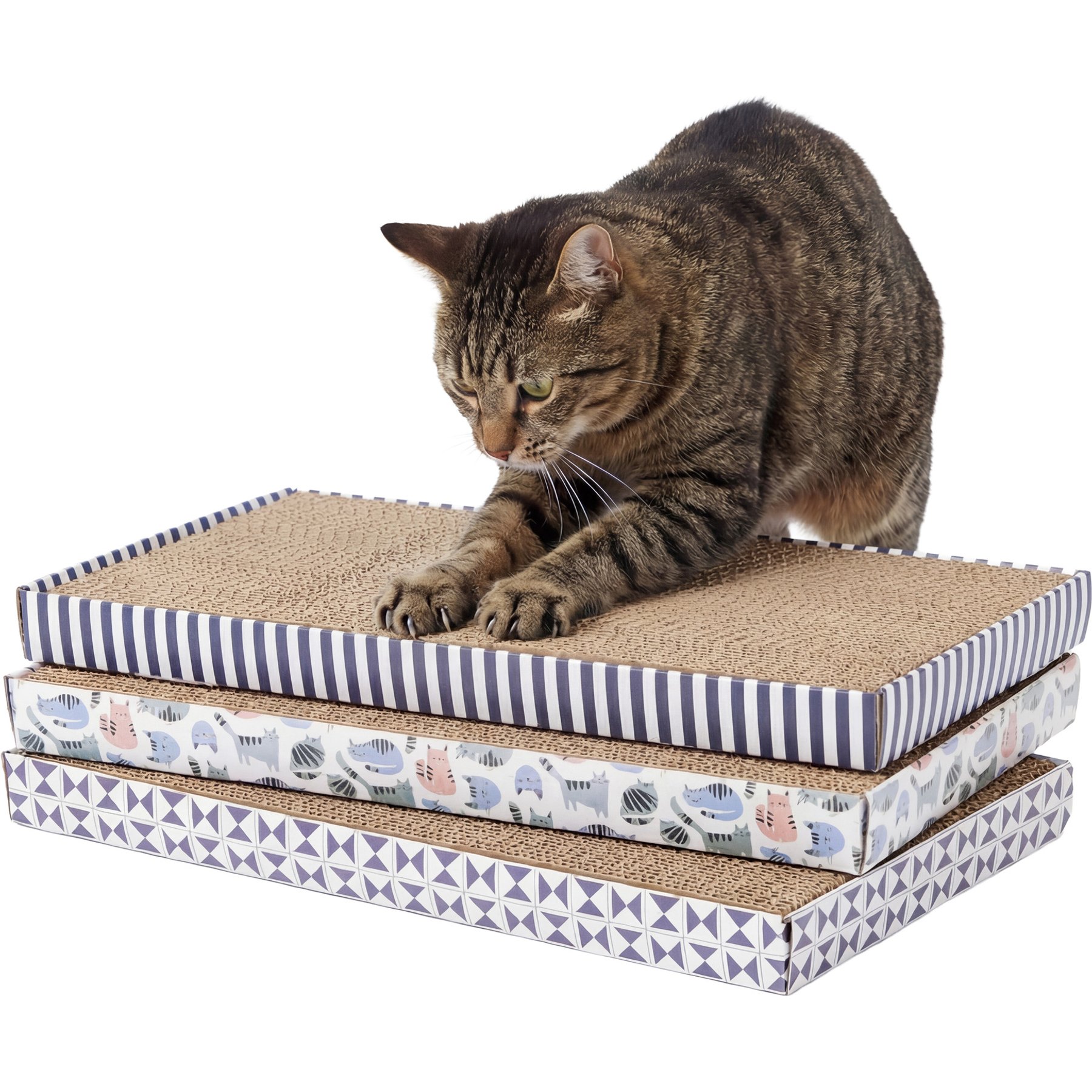 Kitty City Patterned Corrugated Cardboard Cat Scratcher Set with Catnip, Multicolor, 3 count