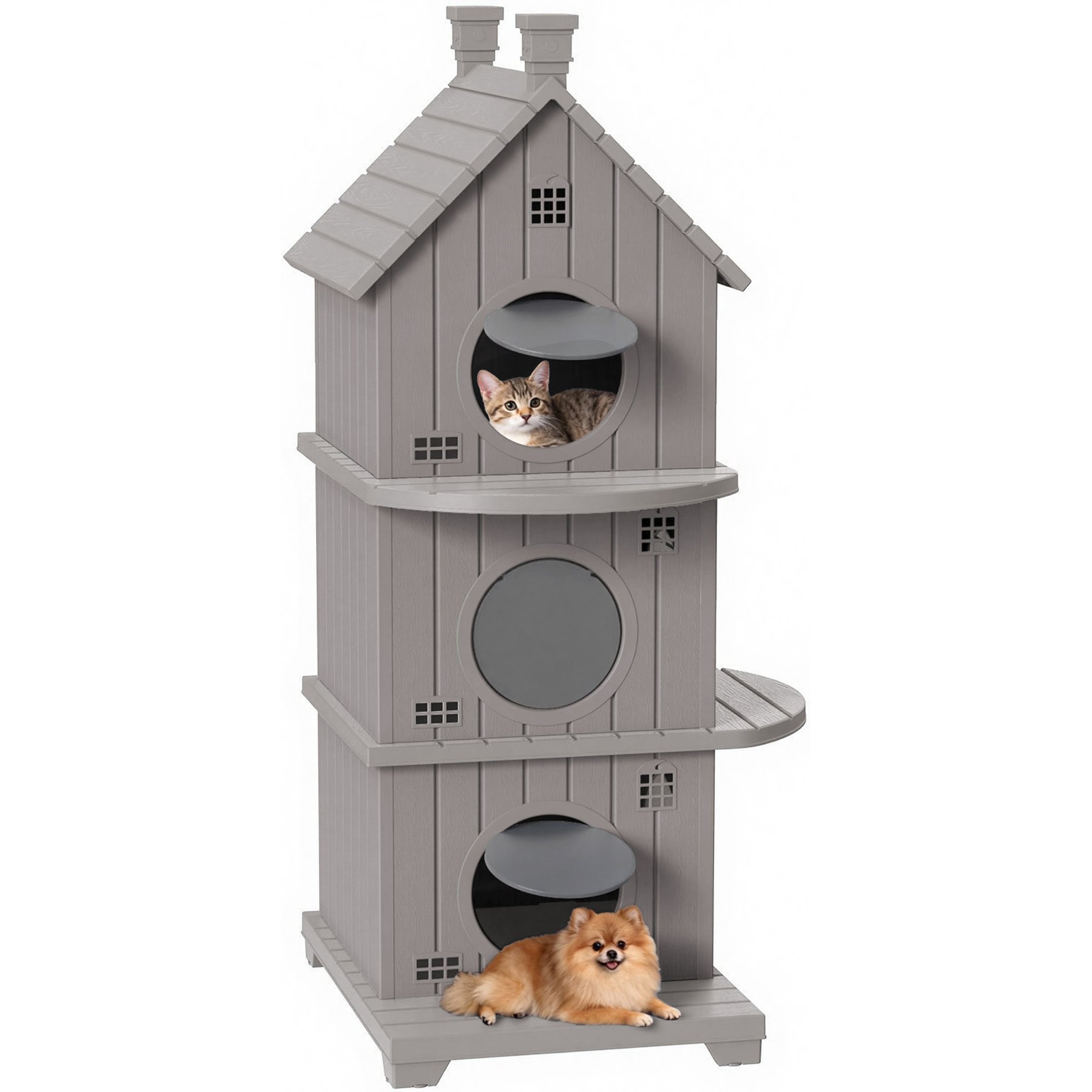 jansno Three-Story Resin Cat House with Elevated Base, Anti-Slip Pad & Ventilation, Brown