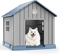 jansno Peak-Roof Large Dog House with Window, Blue slide 1 of 7