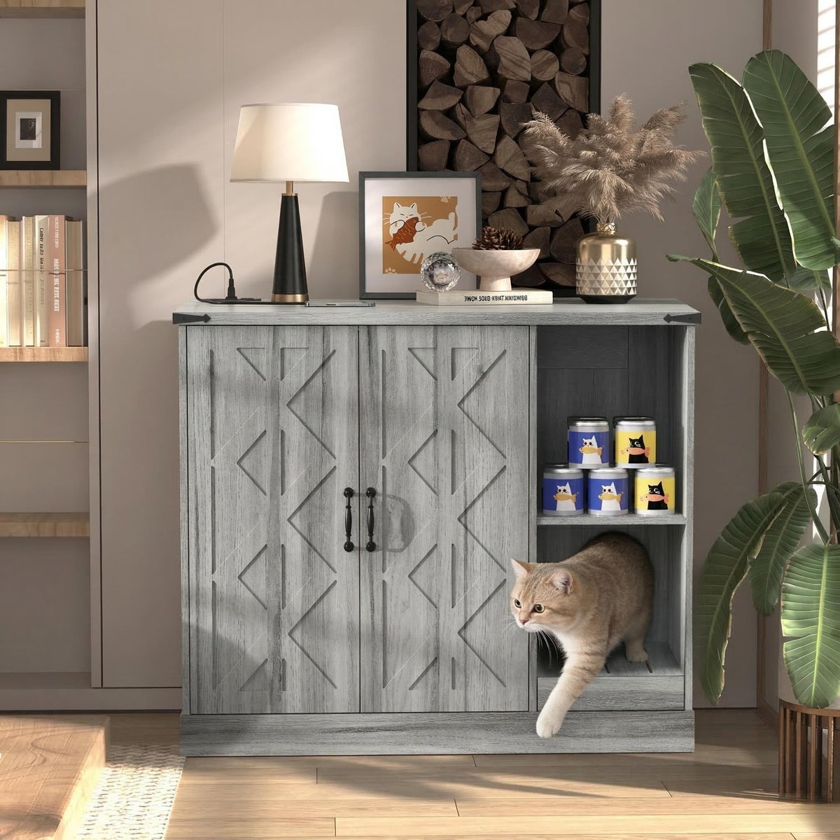 jansno Cat Hidden Litter Box Enclosure with Power Outlet & Hidden Litter Box Cabinet, Gray