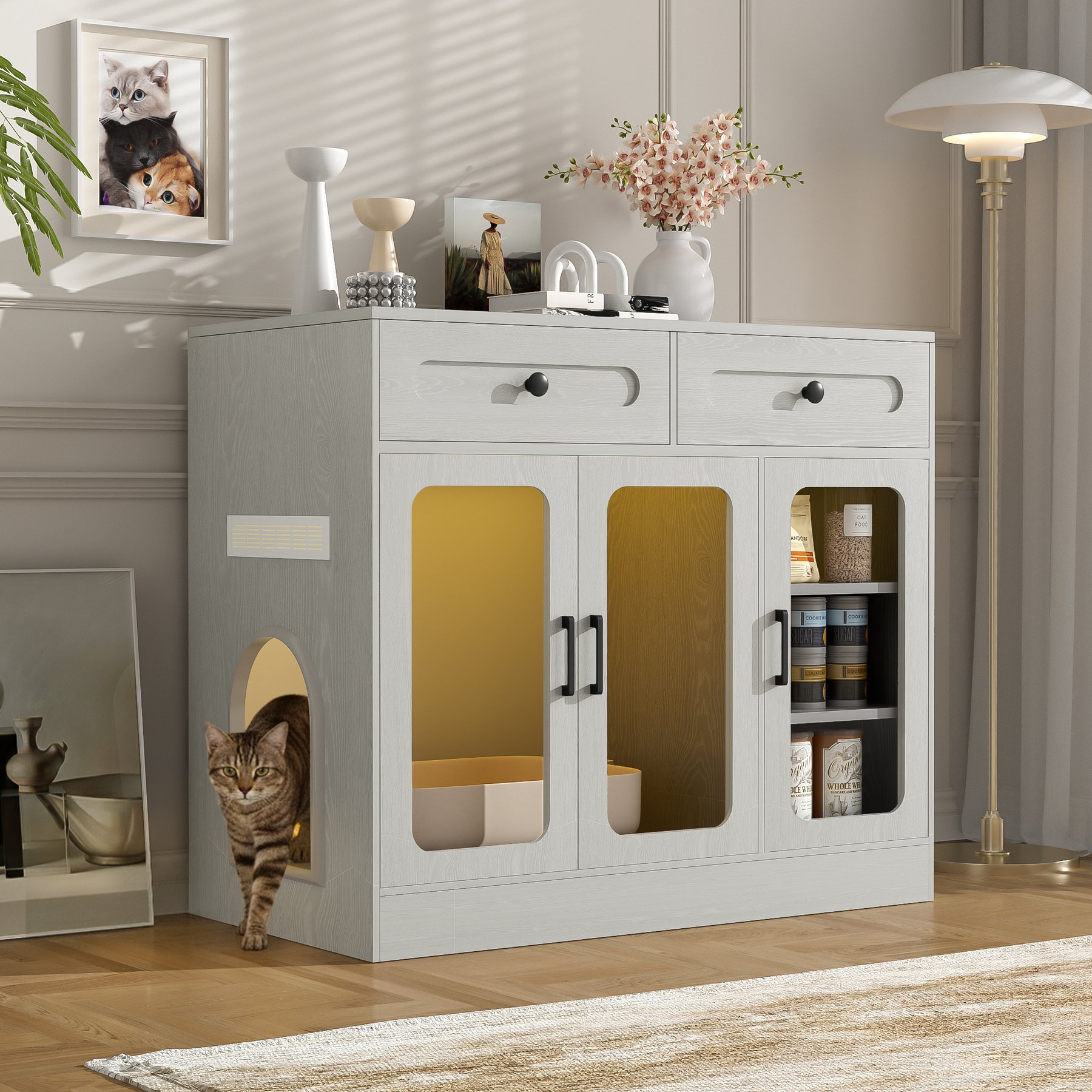 jansno Cat Litter Box Enclosure with Glass Door & Side Access Door, Gray