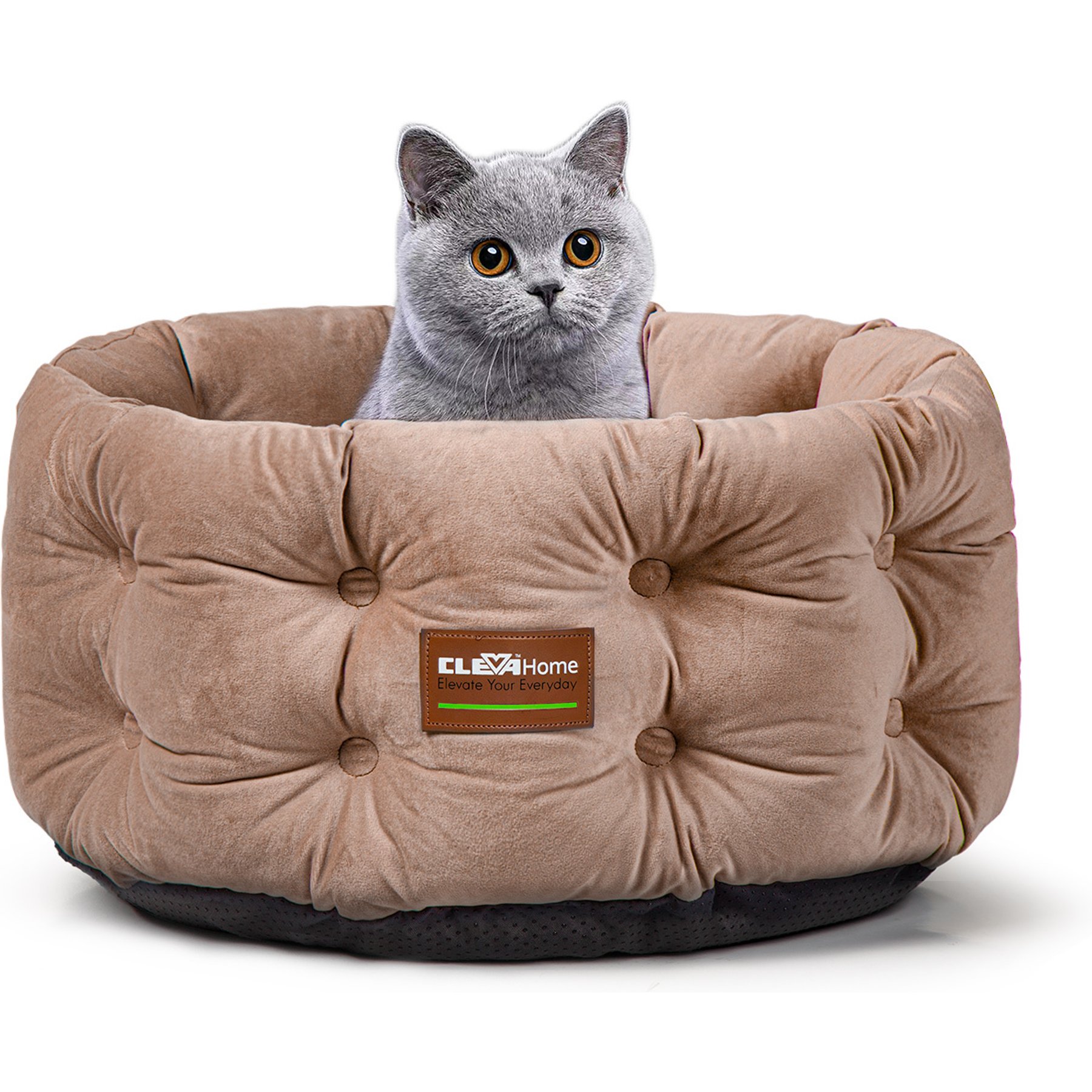 ClevaHome Deep Nest Luxurious Velvet Extra High Side Non-Slip Bottom Round Comfortable Machine Washable Bolster Dog & Cat Bed, Small: 20 x 20 x 8-in, Warm Beige
