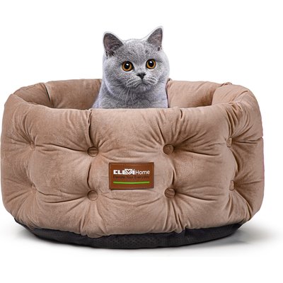 ClevaHome ClevaHome Deep Nest Luxurious Velvet Extra High Side Non-Slip Bottom Round Comfortable Machine Washable Bolster Dog & Cat Bed, Small: 20 x 20 x 8-in, Warm Beige