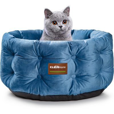ClevaHome ClevaHome Deep Nest Luxurious Velvet Extra High Side Non-Slip Bottom Round Comfortable Machine Washable Bolster Dog & Cat Bed, Small: 20 x 20 x 8-in, Steel Blue