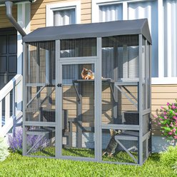 TIMHAKA Catio Wooden Outdoor Cat Enclosure with 7 Platforms & 2 Resting Box, Grey, 63 x 31.3 x 72-in