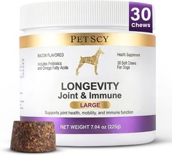 PetScy Large Longevity Bacon Flavored Joint & Immunity Support Soft Chew Supplement for Dogs with Glucosamine & Chondroitin, 30 count