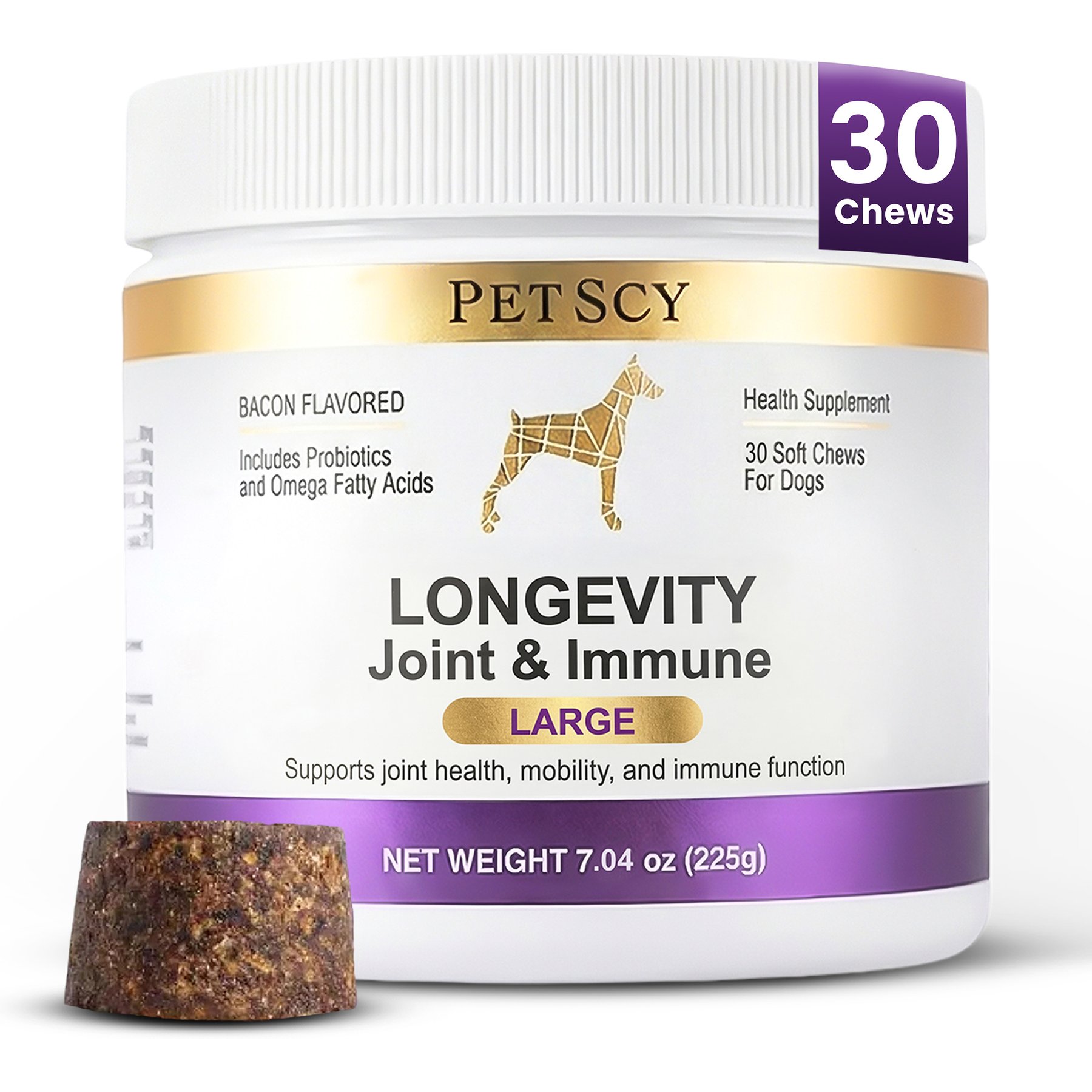 PetScy Large Longevity Bacon Flavored Joint & Immunity Support Soft Chew Supplement for Dogs with Glucosamine & Chondroitin, 30 count