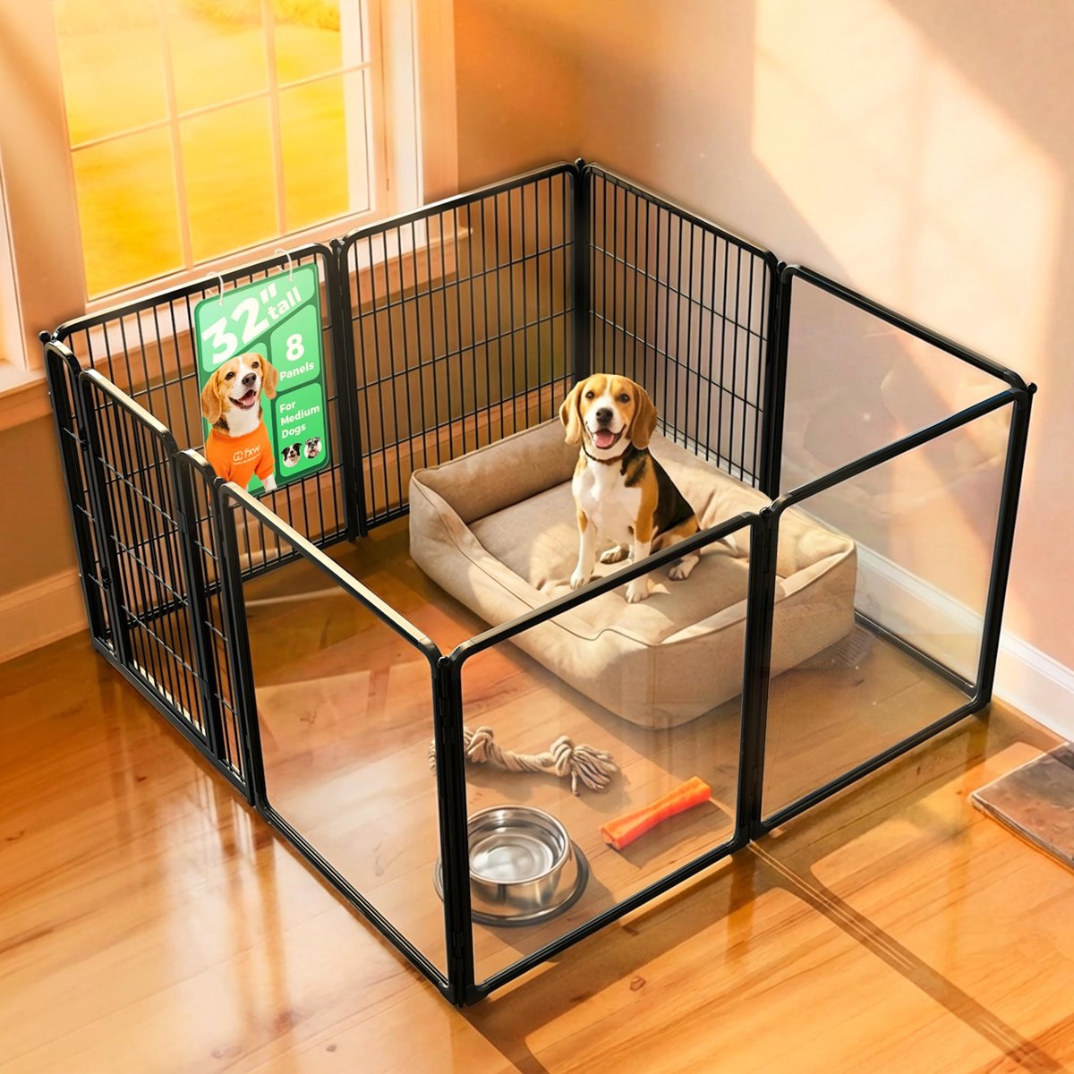 FXW Indoor Dog Playpen, Black, 32-in, 4-acrylic panel + 4-metal panel