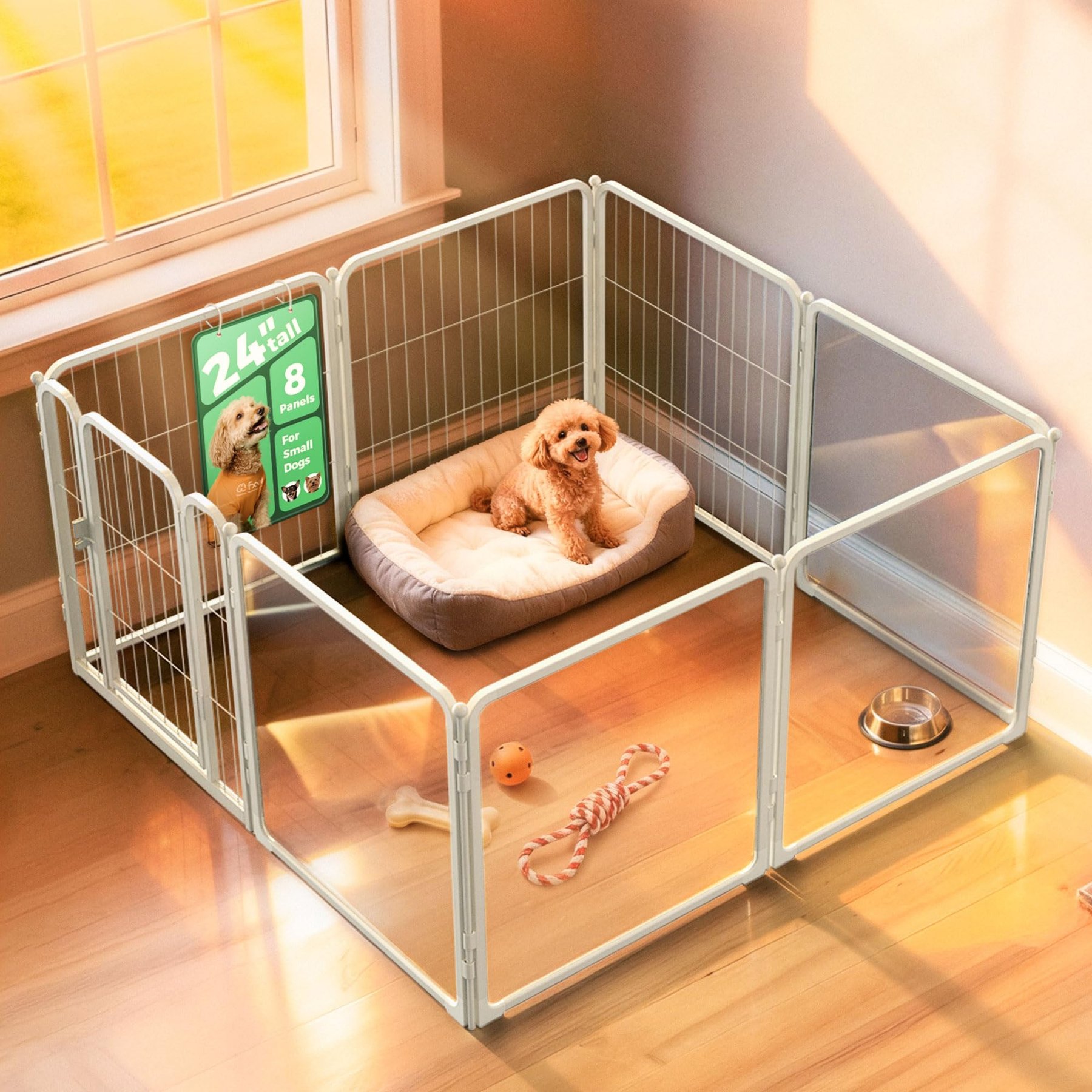 FXW Indoor Dog Playpen, White, 24-in, 4-acrylic panel + 4-metal panel