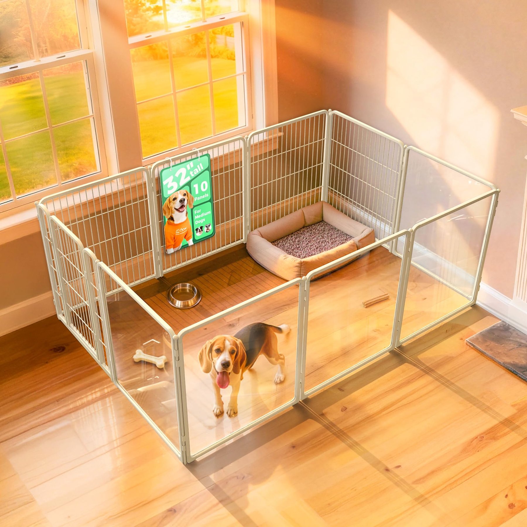 FXW Indoor Dog Playpen, White, 32-in, 5-acrylic panel + 5-metal panel