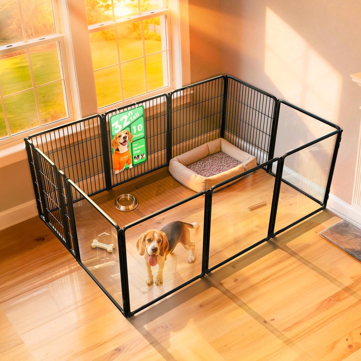 FXW Indoor Dog Playpen, Black, 32-in, 5-acrylic panel + 5-metal panel