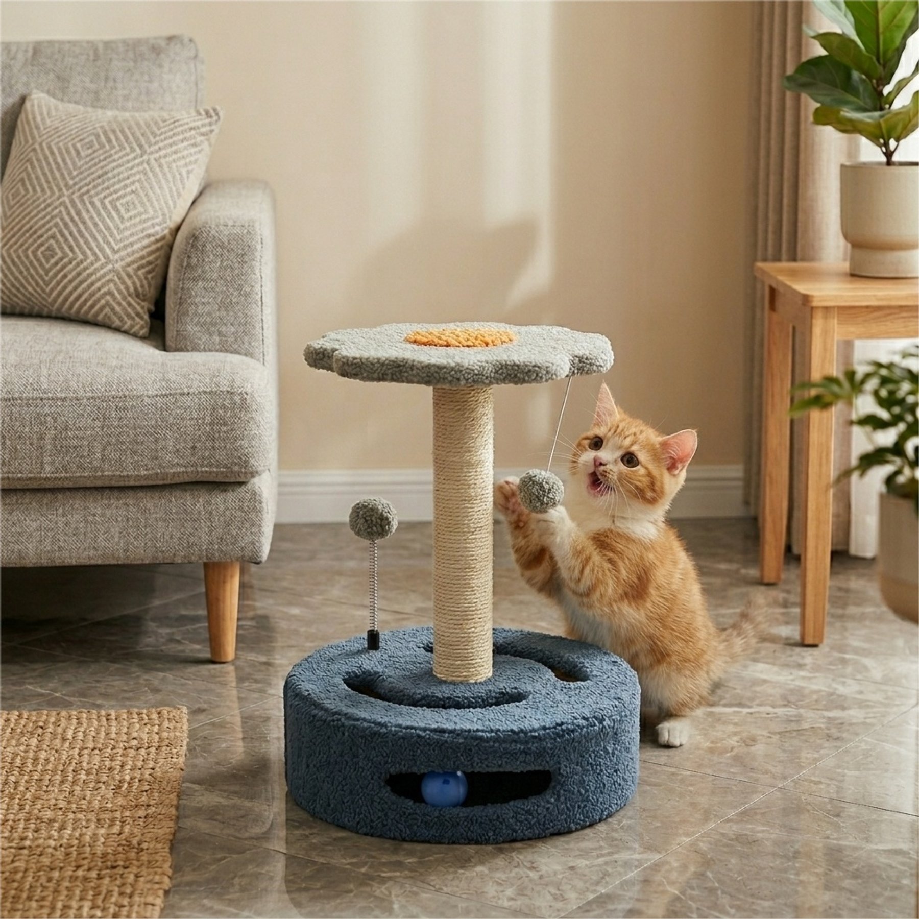 HOMAGICO Replaceable Sisal Pad & Hanging Ball Toy with Mouse Hole 18-in Linen Modern Cat Scratcher, Grey