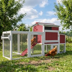 Petscosset Outdoor Chicken Coop Tractor House with Wheels & Nesting Box Flock Size Large Capacity, 77.4 x 25.6 x 39.4-in, Red