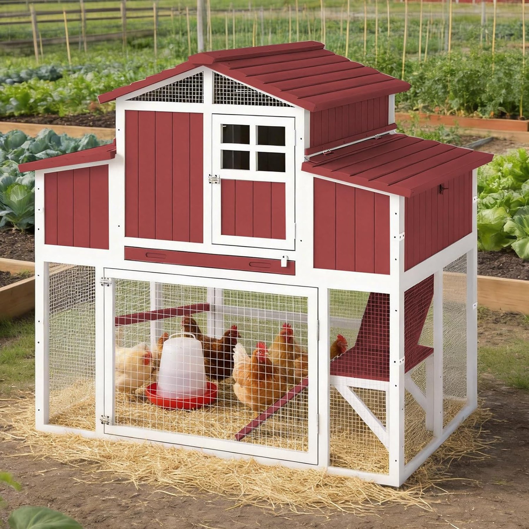 Petscosset Outdoor Chicken Coop with Run, Poultry Cage, 4 Perches & Nesting Boxes Flock Size Large Capacity, 56.3 x 35.24 x 52.8-in, Red