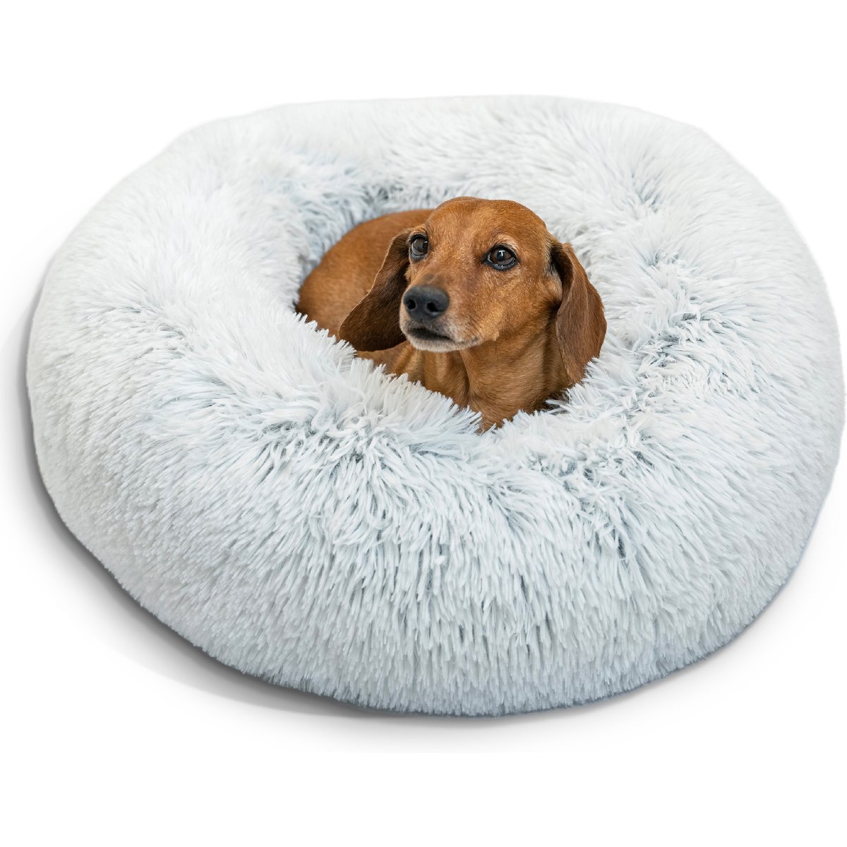 The Original Calming Shag Vegan Fur Donut Cuddler Cat & Dog Bed, Frost, Small, Best Friends By Sheri