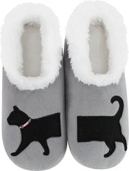 snoozies! Womens Black Cat Simply Pairables Slippers, Grey, Small