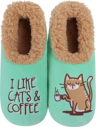 snoozies! Womens I Like Cats & Coffee Simply Pairables Slippers, Green, Small
