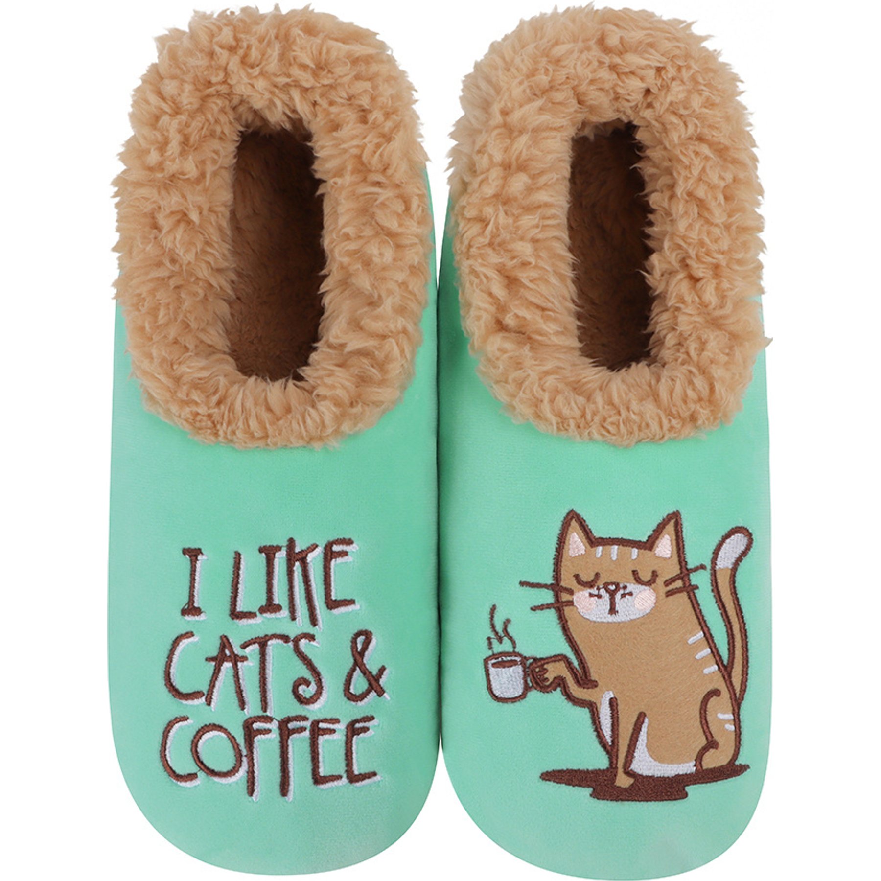snoozies! Womens I Like Cats & Coffee Simply Pairables Slippers, Green, Medium