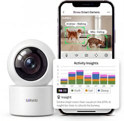Sirwu Indoor with Phone App 360° Multi-Pet Recognition & AI Day Summary Two Way Audio Auto Tracking, Night Vision, WiFi 2.4G/5G Pet Camera, Small, White