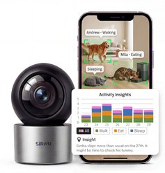 Sirwu Indoor with Phone App 360° Multi-Pet Recognition & AI Day Summary Two Way Audio Auto Tracking, Night Vision, WiFi 2.4G/5G Pet Camera, Small, Gray