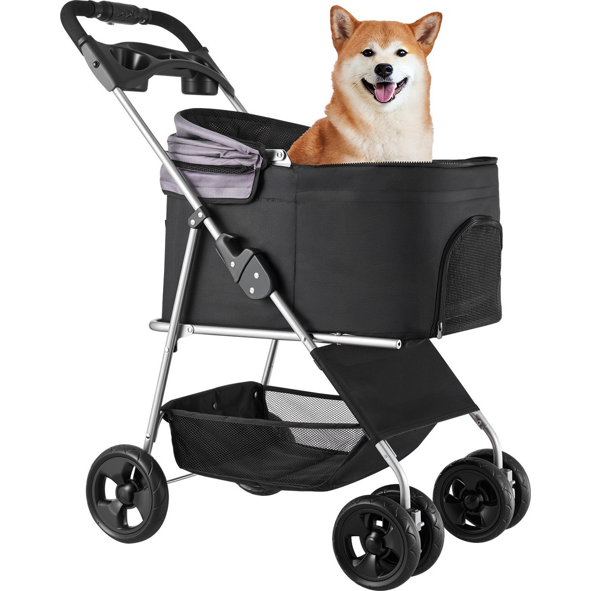 HOMLUX Foldable 4-Wheel Dog & Cat Stroller with Detachable Carrier, Black