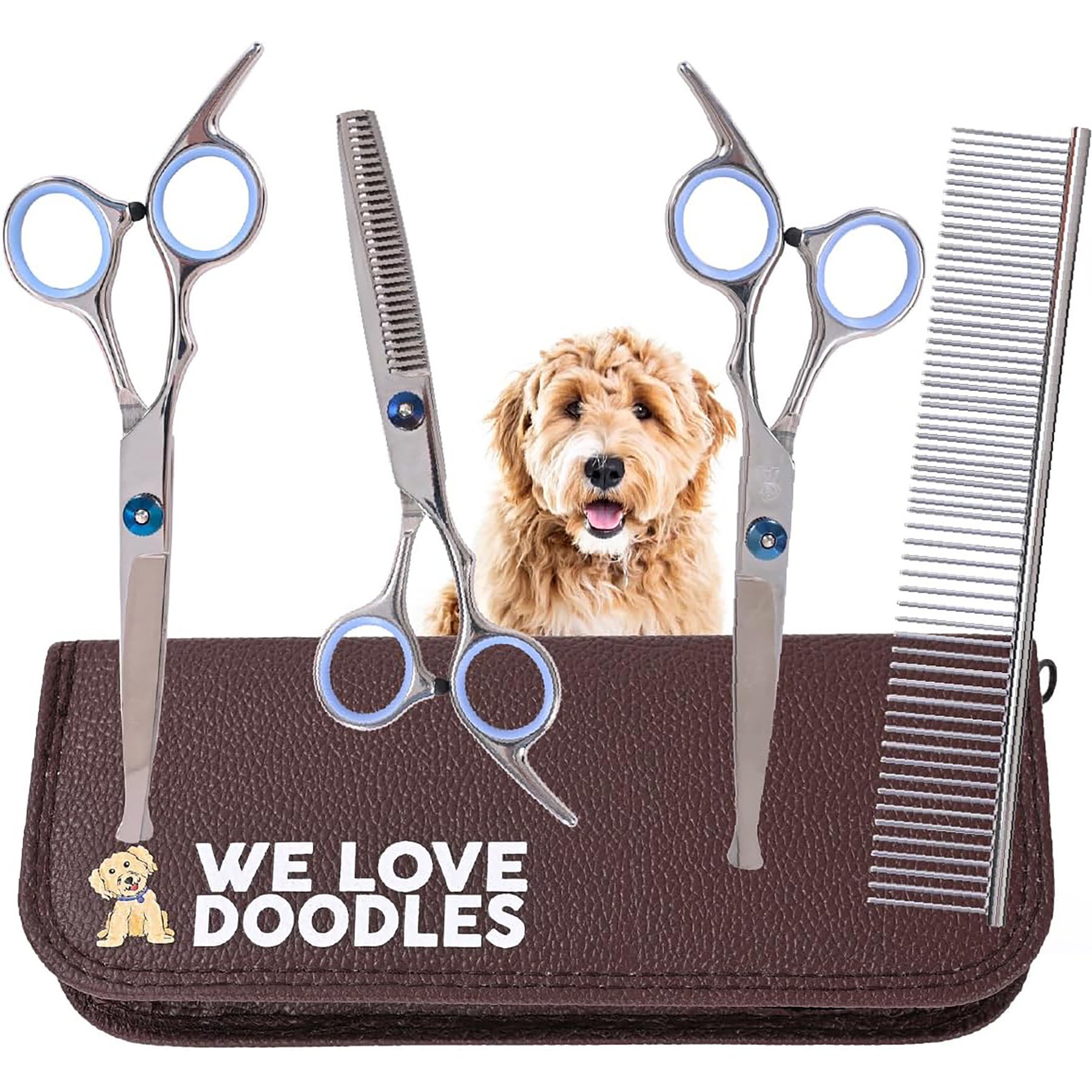 We Love Doodles Professional Grooming Round Stainless Steel 5 Piece Dog Shears & Comb Set, Small