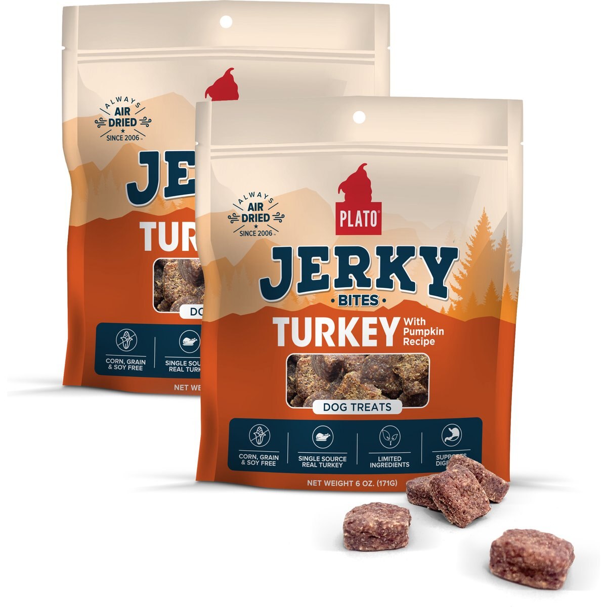 Plato Turkey with Pumpkin Grain-Free Jerky Dog Bites, 12-oz bundle